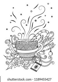 Cup with hot chocolate. Adult coloring book page. Christmas decoration, balls, ribbons, gingerbread, and berries. Hand drawn vector illustration.