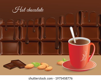 A cup of hot chocolate, almonds and chocolate chunks against the backdrop of a dark chocolate bar with melted chocolate flowing on top. Vector drawing of a set of confectionery ingredients. 