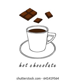 A cup of hot chocolate and a chocolate bar.