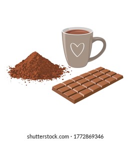 A cup of hot chocolate with chocolate bar and cocoa powder.