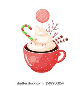 A cup of hot chocolate with candy. Christmas drink on a winter background. Red mug of cocoa to go. Seasonal banner. Colorful vector illustration. Digital hand-drawn.