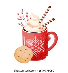 A cup of hot chocolate. Christmas drink on a winter background. A red mug of cocoa with a big snowflake and cookies to go. Seasonal banner. Colorful vector illustration. Digital hand-drawn.