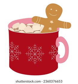 A cup of Hot chocolate. Christmas drink on a white background. A red mug of Cocoa with a Snowflake and Cookies. Seasonal banner. Colorful vector illustration. Digital hand-drawn Holiday Decoration.