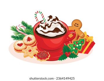 Cup of hot chocolate and christmas gingerbread cookies vector illustration. Christmas cocoa drink with candy cane, shortbread cookies and candies vector isolated on a white background