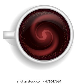 Cup of hot chocolate with cinnamon closeup view from above, isolated on white