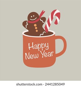 Cup of hot chocolate, cocoa or coffee, and gingerbread man, candy. Christmas and Happy New Year poster design. Good for greeting cards, menu. Hand drawn vector illustration