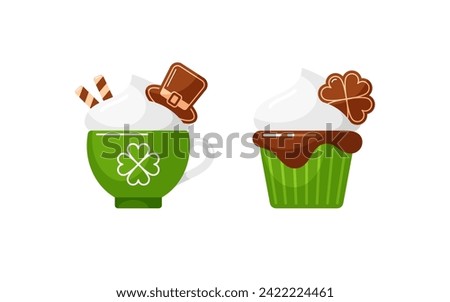 Cup with hot chocolate or cocoa and cupcake with St. Patrick's Day symbols. Sweet dessert with whipped cream and cookies. Vector flat cartoon illustrations isolated on white background