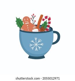 Cup of hot chocolate or cocoa with gingerbread man, cinnamon, candy etc. Christmas winter hot drink. Vector illustration