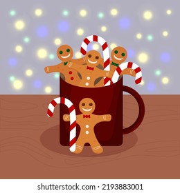 Cup of hot chocolate or cocoa with gingerbread men and sweets, a lollipop on a stick. Christmas winter hot drink. Vector illustration.