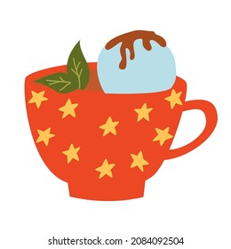 Cup hot chocolate, cocoa with ice cream and mint for christmas and new year card, typography poster, label, brochure, page, banner. Cute winter cozy hot drink. Vector illustration in cartoon style.