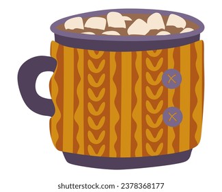 Cup of Hot chocolate or cocoa with Marshmellows, Knit decoration on mug. Template for cozy autumn or winter design. Isolated vector flat cartoon illustration. Christmas holiday decor.