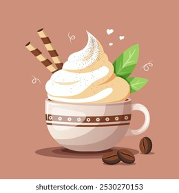 A cup of hot chocolate. Coffee or cocoa with whipped cream in a cup. Colorful vector illustration for poster, banner, flyer, advertisement, promo, menu.