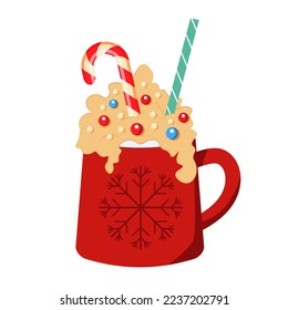 Cup of hot chocolate or coffee decorated by cream and candy cane.Vector illustration