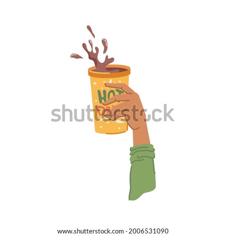 Cup with hot chocolate or coffee, isolated hand holding tasty warm drink served in restaurant or cafe. Aromatic beverage in mug, splashes of liquid advertisement. Vector in flat cartoon style