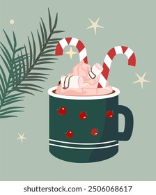 a cup of hot chocolate decorated with whipped cream, marshmallows and lollipop sticks. A twig of a Christmas tree and stars are visible in the background. The image creates a cozy, festive atmosphere