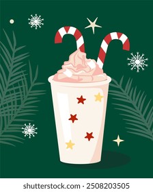 a cup of hot chocolate decorated with whipped cream, marshmallows and lollipop sticks. A cozy Christmas illustration. The image creates a cozy, festive atmosphere.