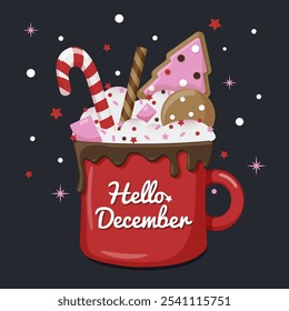 a cup of hot chocolate drink with cream, candy cane, marshmallow and cookies