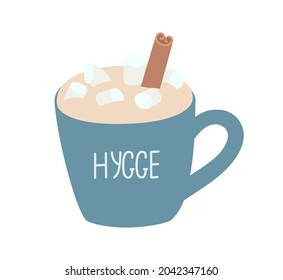 Cup of hot chocolate with foam, marshmallows and cinnamon. Hand-drawn vector illustration with an inscription.