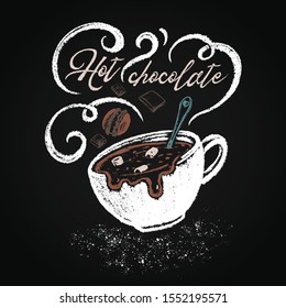 A cup of hot chocolate hand-drawn in chalk on a chalkboard. Breakfast beverage. Coffee restaurant menu. Chalk vector christmas menu design. 