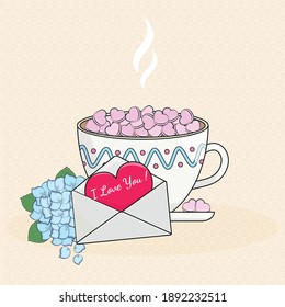 A cup of hot chocolate with heart-shaped marshmallows, valentine and flowers. Valentine's Day card