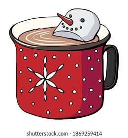 cup of hot chocolate with marshmallow. Christmas dessert. Fantasy cartoon vector illustration