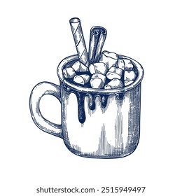 Taza de chocolate caliente con malvavisco y canela dibujado a mano Ilustración vectorial aislada. Símbolo de boceto de taza de Navidades para menú de bar o restaurante, diseño de tarjeta o invitación de año nuevo. Estilo de grabado.