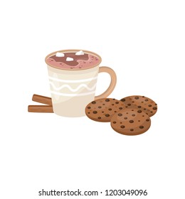 Cup of hot chocolate with marshmallow, cookies and cinnamon sticks. Traditional Christmas drink and snacks. Flat vector design