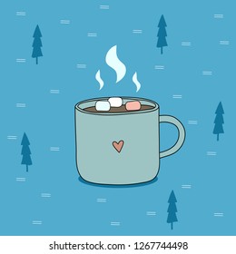 Cup of hot chocolate with marshmallow on blue background with fir tries. Mug with heart pattern. Warm mood on winter season. Cute vector illustration.