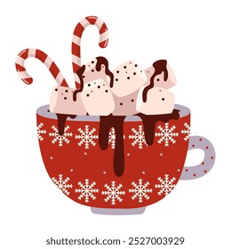 Xícara de chocolate quente com marshmallows e doces. Caneca com bebida quente e decoração para férias da estação de inverno. Bebida quente de outono e inverno. Ilustração vetorial isolada sobre fundo branco.