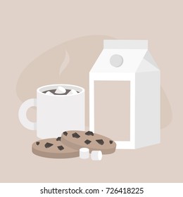 Cup of hot chocolate with marshmallows and chocolate chip cookies, still life set. Morning dessert / flat editable vector illustration, clip art