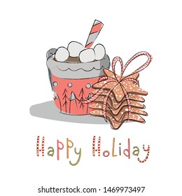 A cup of hot chocolate with marshmallows and Christmas cookies. Vector illustration of happy holidays.