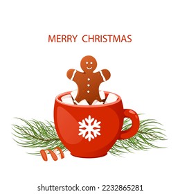 A cup of hot chocolate with marshmallows decorated with a gingerbread man and fir branches.Merry Christmas and Happy New Year.
