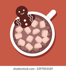 Cup of hot chocolate with marshmallows and gingerbread man. Winter drink top view vector illustration.
