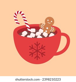 Cup of hot chocolate with marshmallows and gingerbread man. Christmas drink vector illustration.