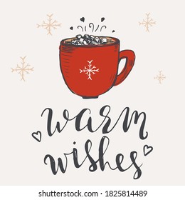 Cup of hot chocolate with marshmallows. Hand drawn lettering. Isolated vector illustration. Merry Christmas greeting card