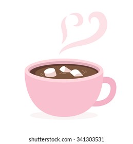 Cup of hot chocolate with marshmallows and heart shaped steam. Cute and simple flat style. Isolated vector illustration.