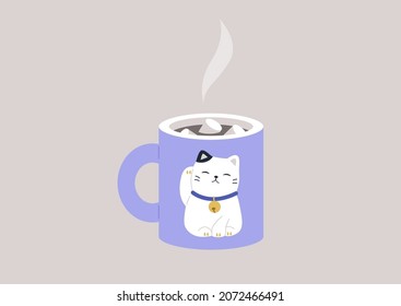 A cup of hot chocolate with marshmallows, a lucky cat maneki neko mug, kawaii style