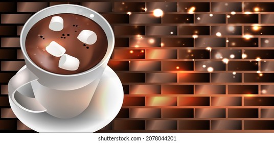 Cup of hot chocolate with marshmallows on a brick wall background
