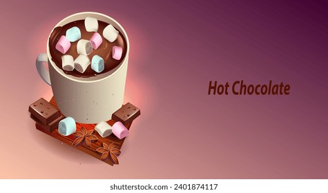 Cup of hot chocolate with marshmallows on pink background.Banner, poster or cafe menu