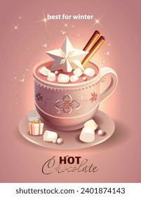 Cup of hot chocolate with marshmallows on pink background.Banner, poster or cafe menu