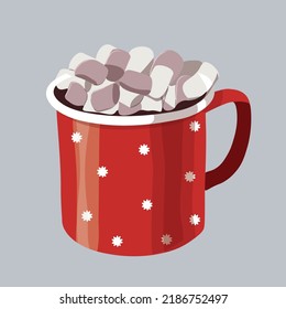 Una taza de chocolate caliente con malvaviscos, color rojo con un adorno en forma de copos de nieve. Bebida de postre de invierno. elemento de diseño de tarjeta de Navidad. Ilustración del vector
