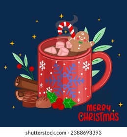 Una taza de chocolate caliente con malvaviscos, rojo con un diseño de copo de nieve. elemento de diseño de tarjeta de Navidad. Ilustración vectorial aislada.