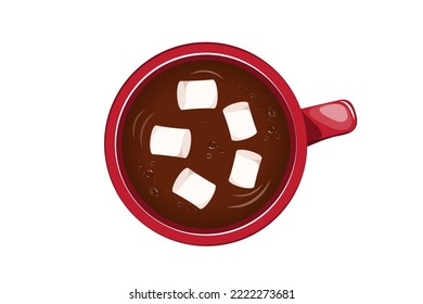 A cup of hot chocolate with marshmallows, top view.Winter hot drink in a cup.Vector illustration of a Christmas drink.