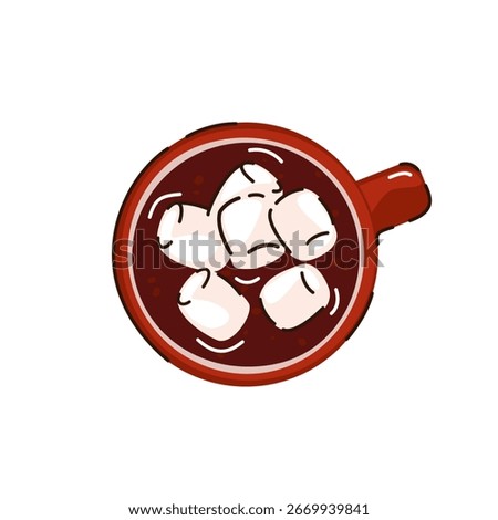 A cup of hot chocolate with marshmallows, top view.Winter hot drink in a cup.Vector illustration of a Christmas drink.	
