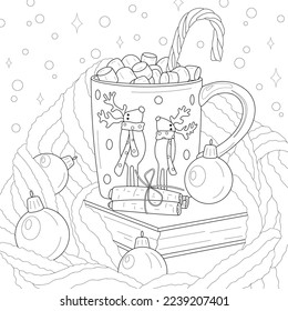 Copa con chocolate caliente y malvaviscos. La decoración y el pañuelo cálidos. Ilustración vectorial. Libro de colorear.