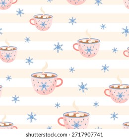 Taza de chocolate caliente con malvaviscos, bebida de invierno sin patrón, Сcafé, café con leche, capuchino, cacao, fondo de Festiva, acogedora ilustración de Navidades.