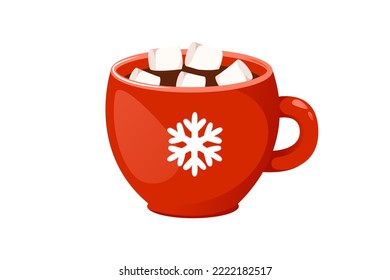 A cup of hot chocolate with marshmallows.Winter hot drink in a red cup.Vector illustration.