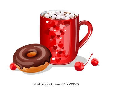 cup of hot chocolate with marshmellow and chocolate donut