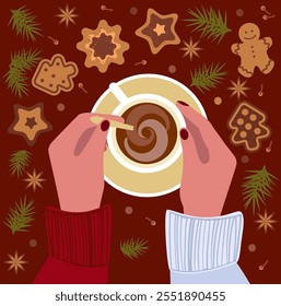 A cup of hot chocolate on a winter Christmas evening. The theme is coziness and warm joyful holidays.  Vector illustration