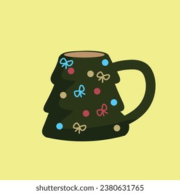 Cup of hot chocolate in shape of Christmas tree on yellow backgr